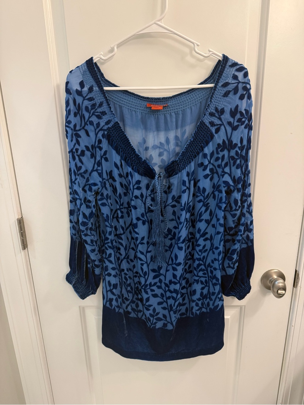 Sundance Navy and Sky Blue Silk Blend Floral Burnout Peasant Tunic